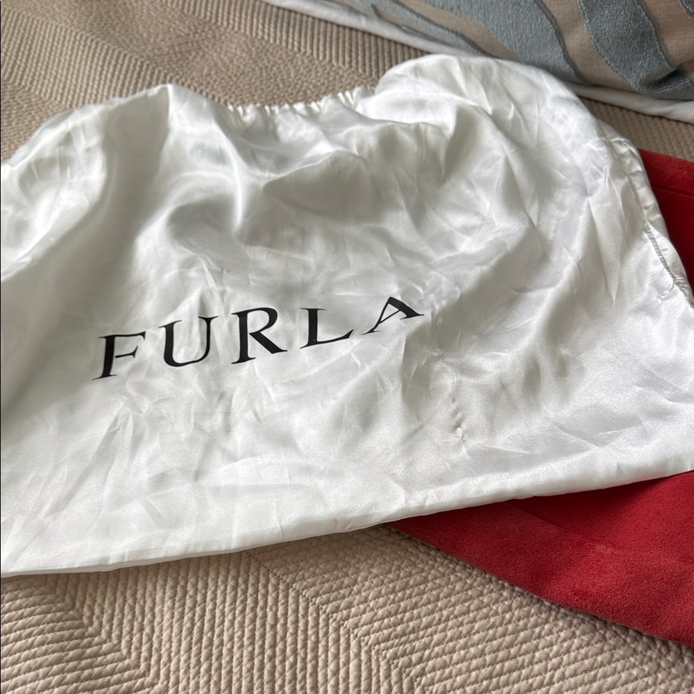 Furla Red Suede Tote with Black Leather Pocket - Picture 10 of 12